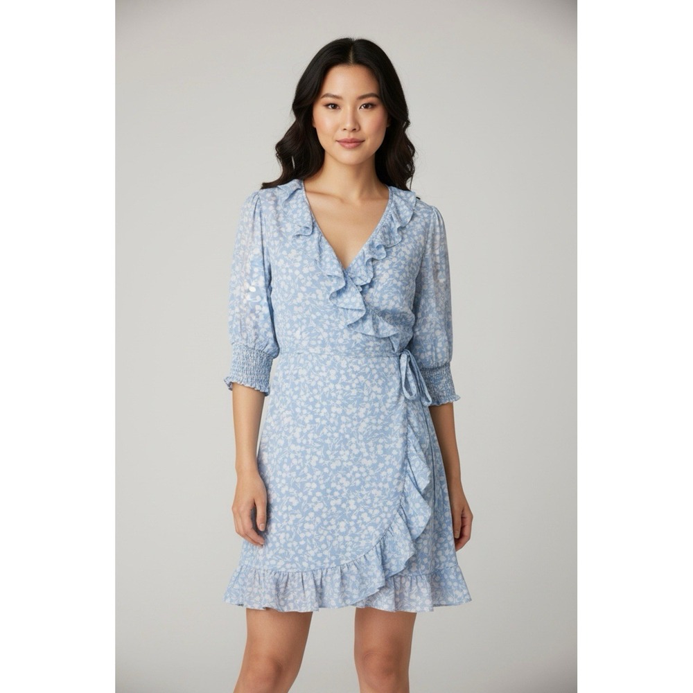 #179 Rixo Blue And White Floral Puff Sleeves Ruffle Wrap Dress Size M